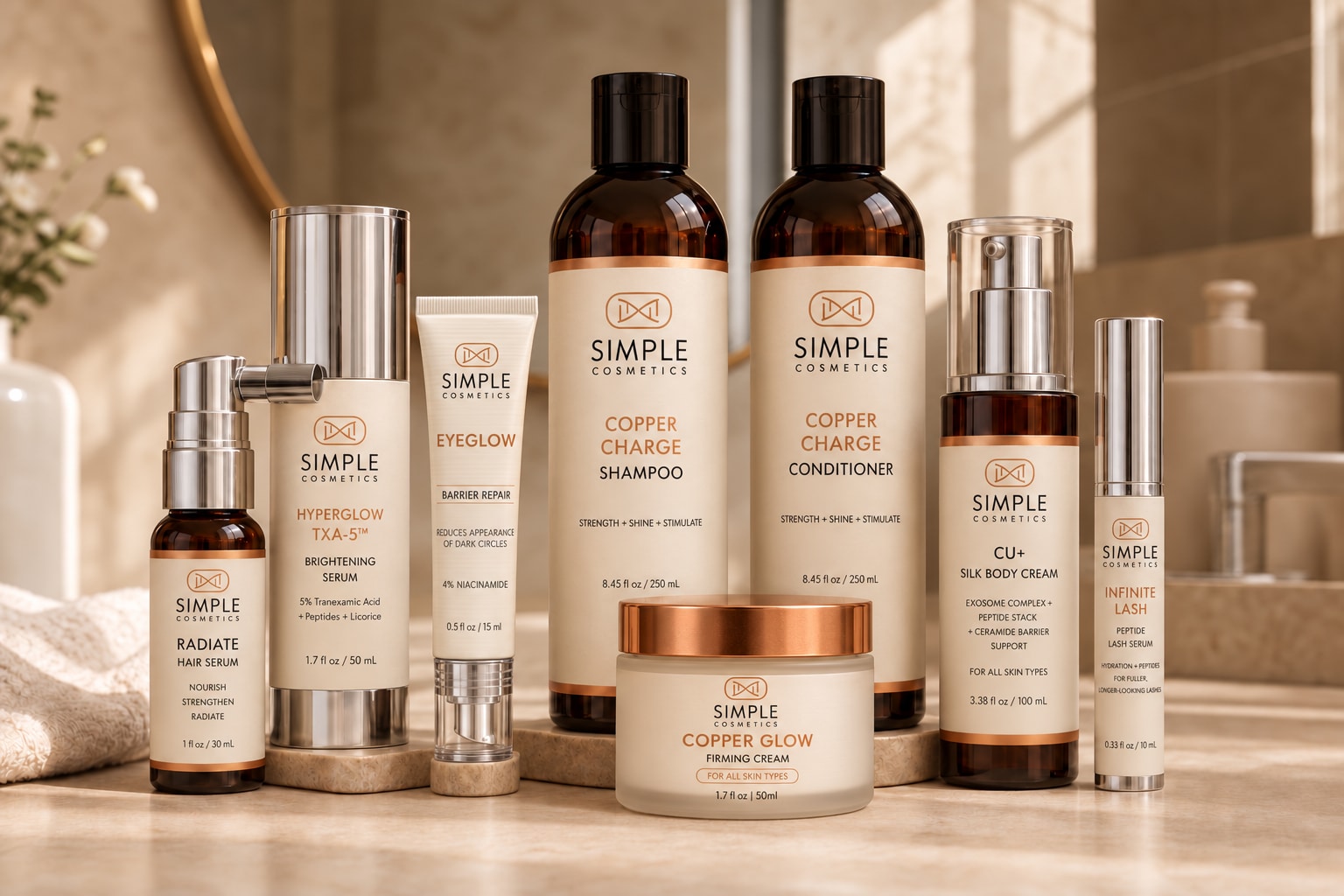 Simple Cosmetics collection in a warm everyday-care setting