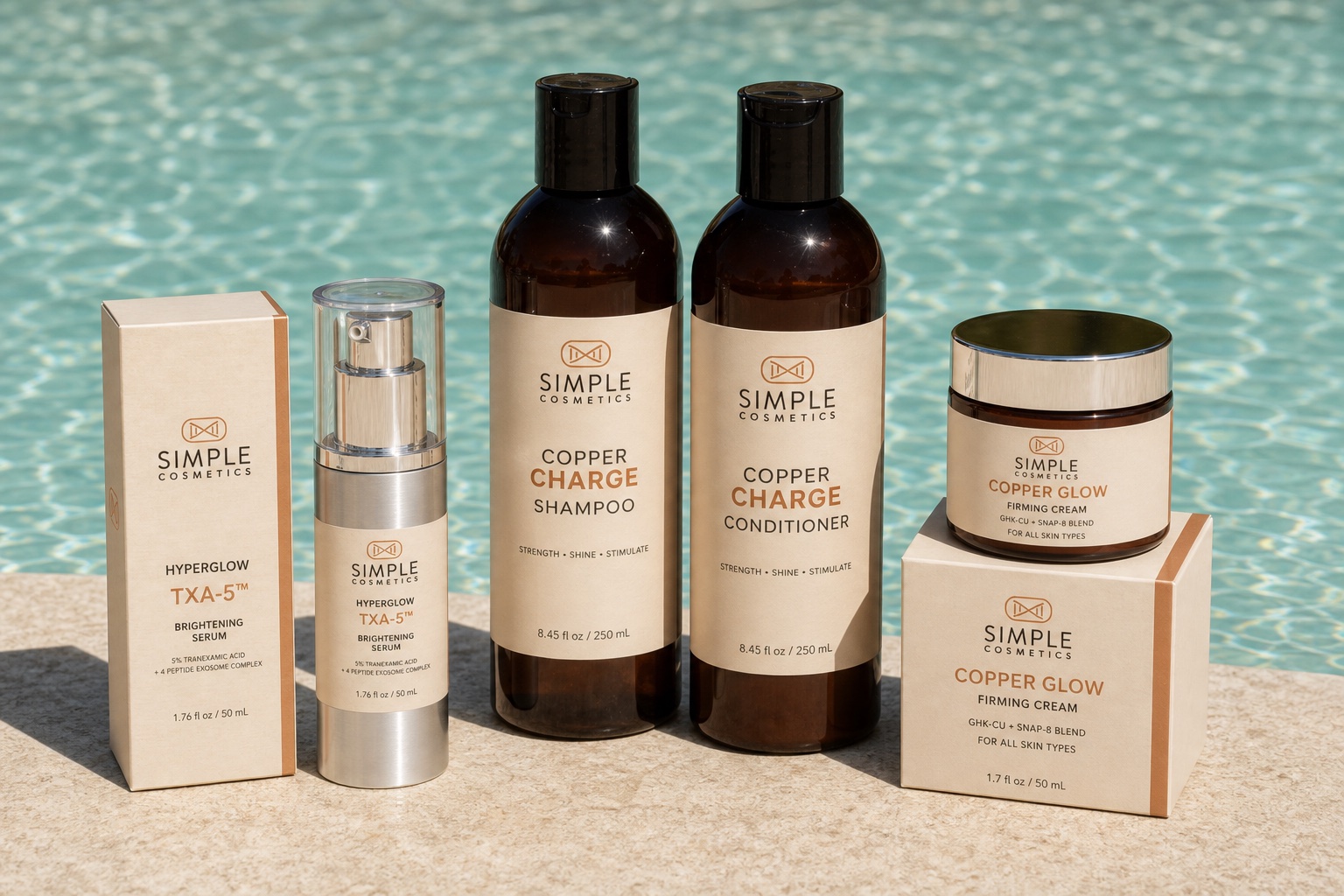 Copper Charge hair-care collection beside the pool