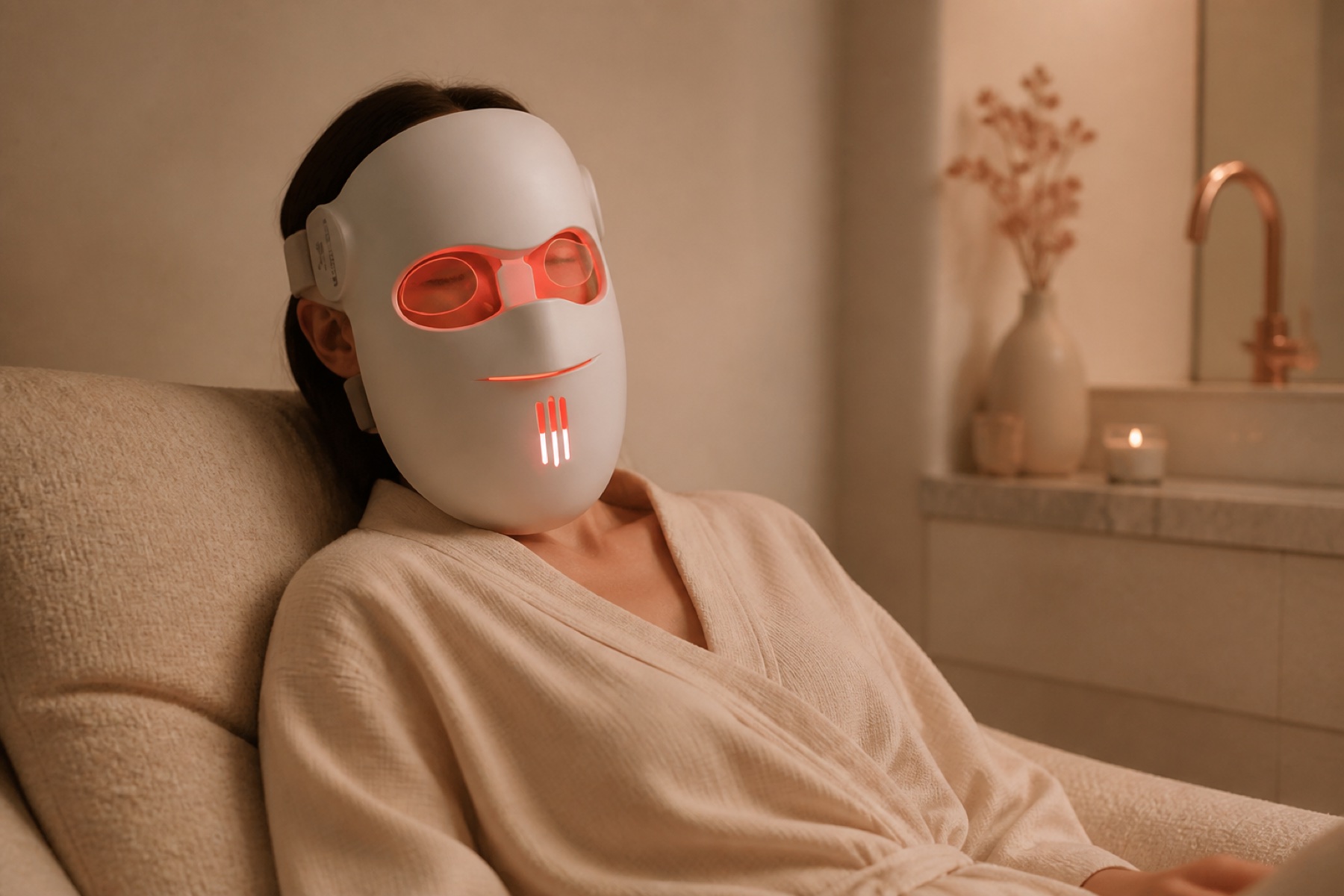 Model relaxing at home while wearing the RegenOMedix LED face mask