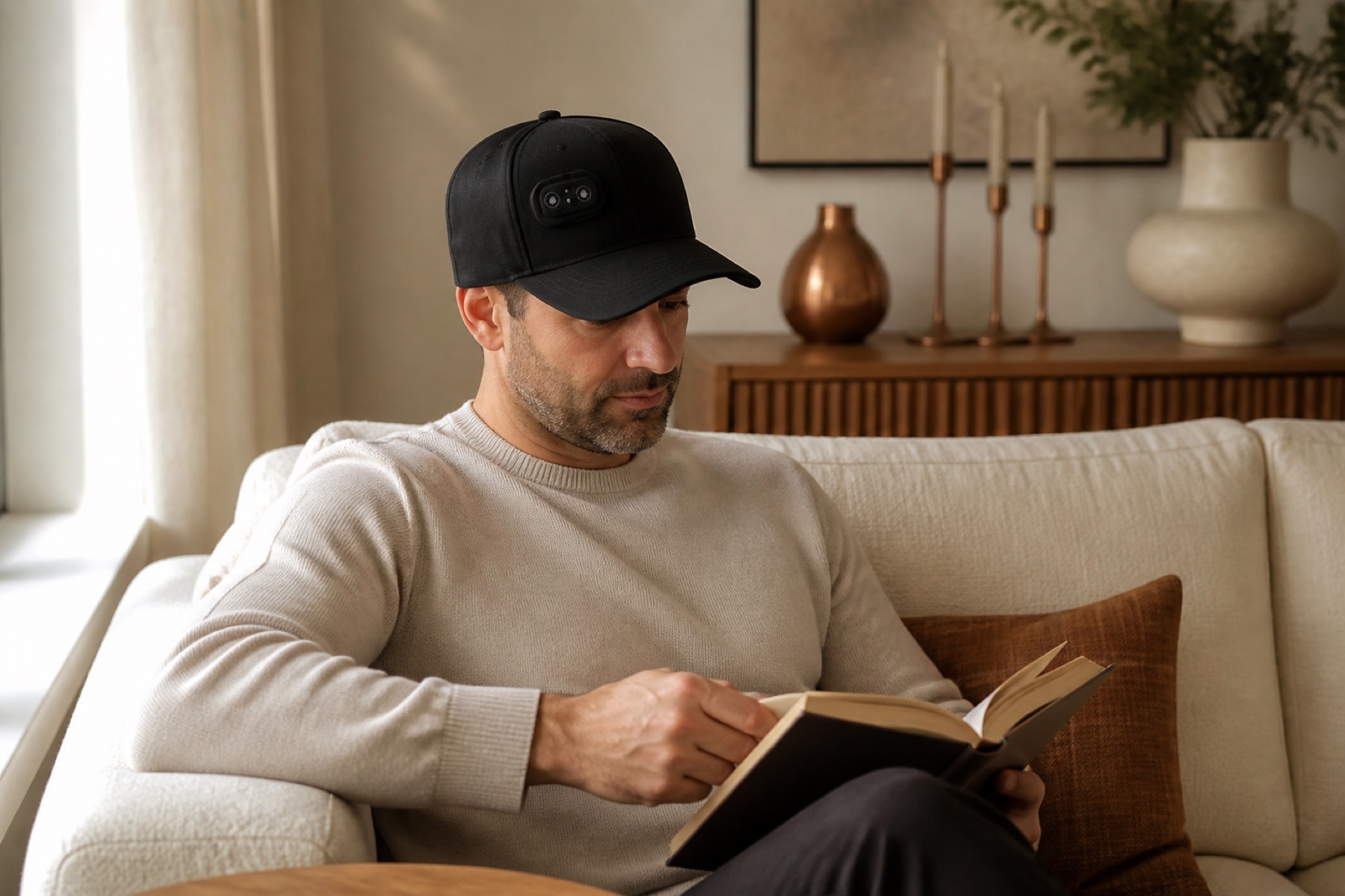 Model wearing the RegenOMedix red light hair cap while reading at home