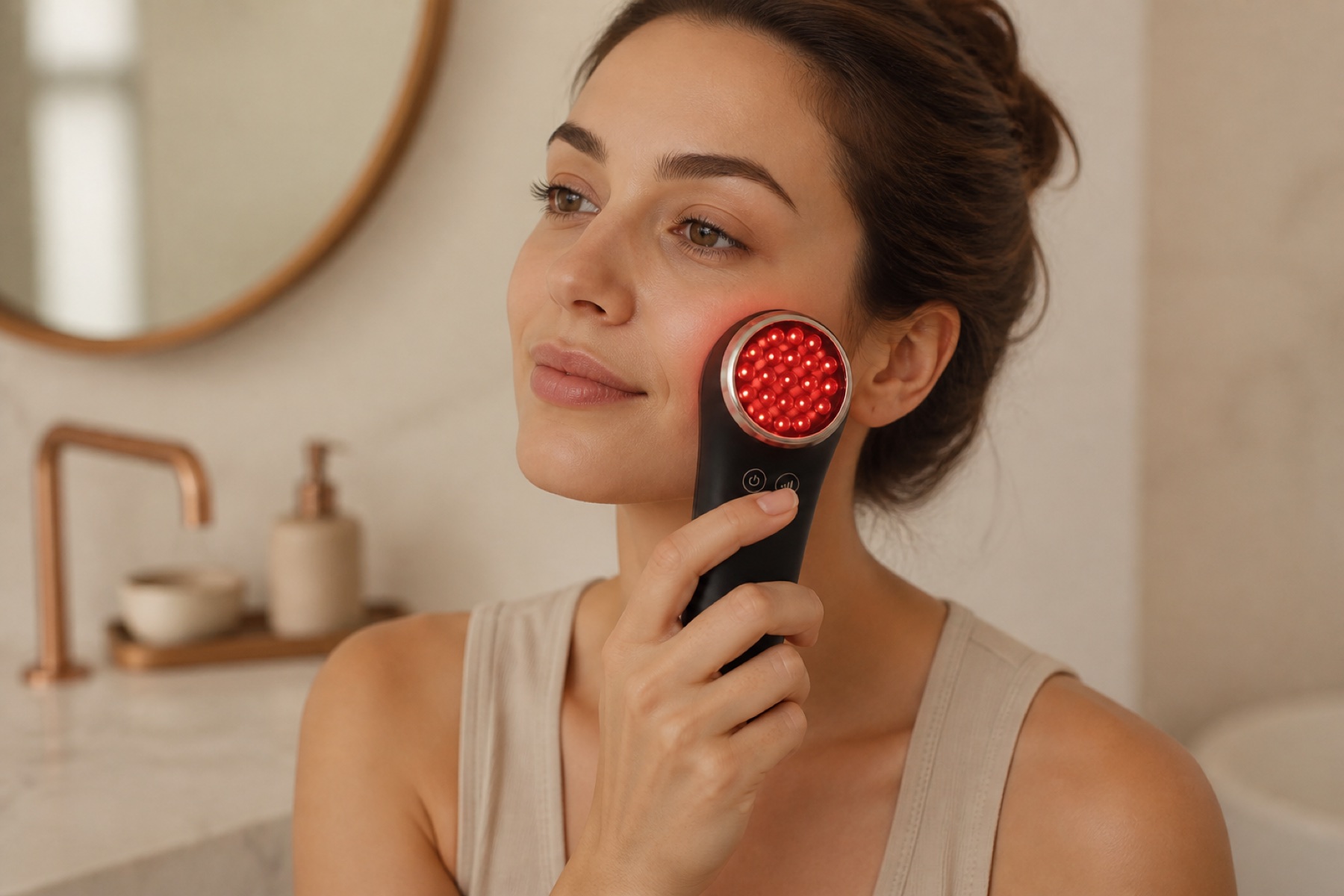 Model using the RegenOMedix handheld LED device on her cheek
