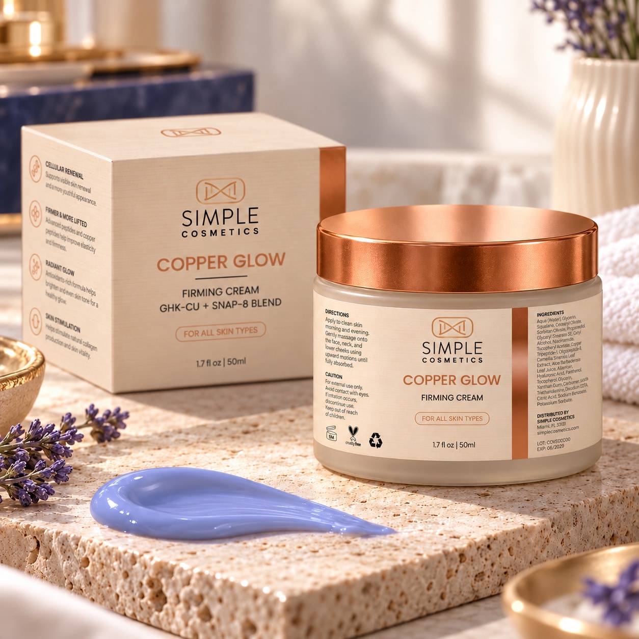 Copper Glow Firming Cream jar and carton with lavender-blue cream texture on warm stone