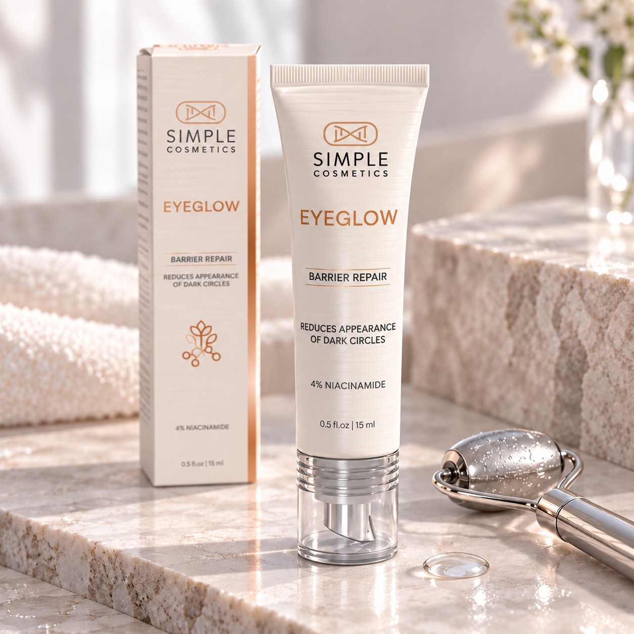EyeGlow Barrier Repair tube and carton with cooling eye applicator on warm stone