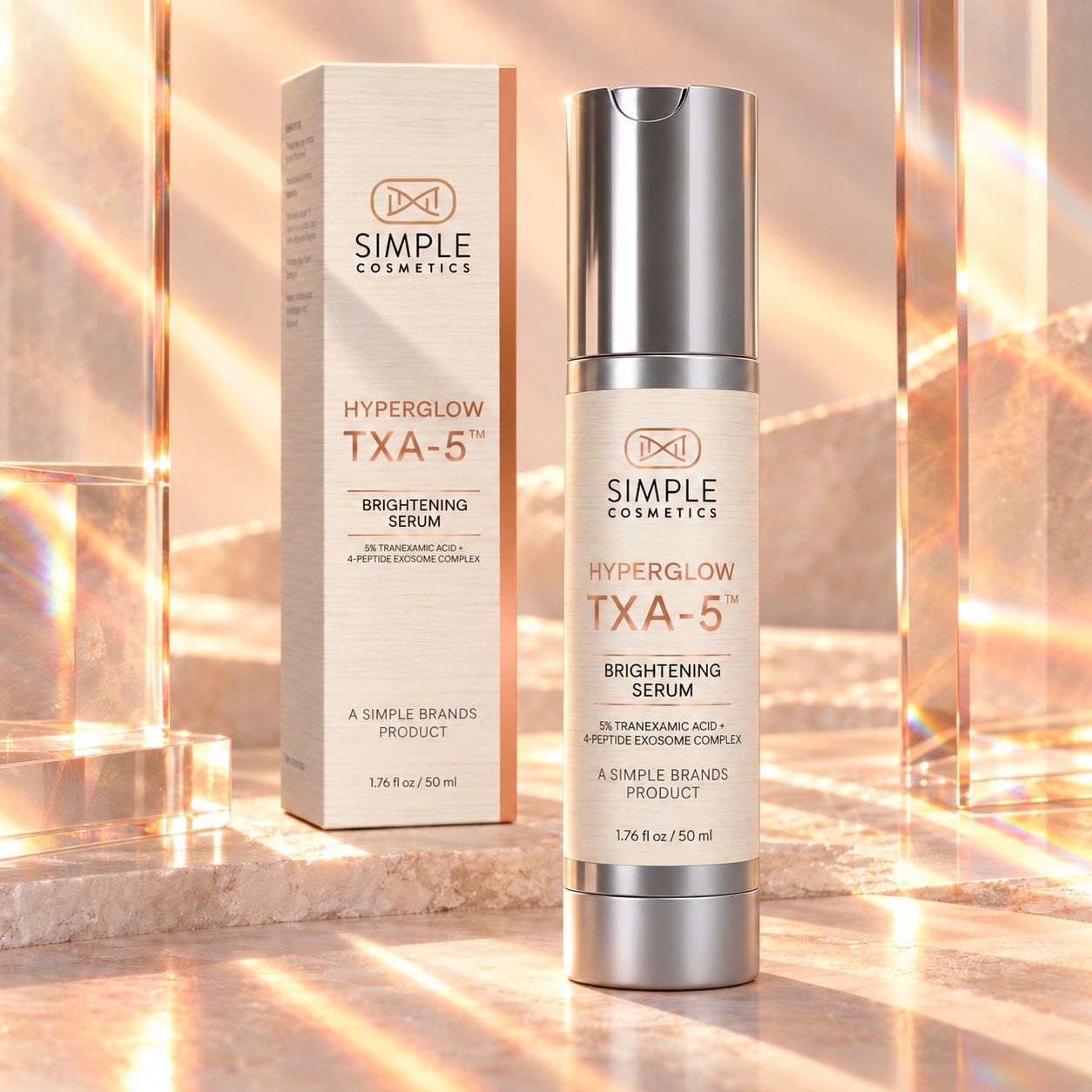HyperGlow Brightening Serum bottle and carton in a warm vanity setting