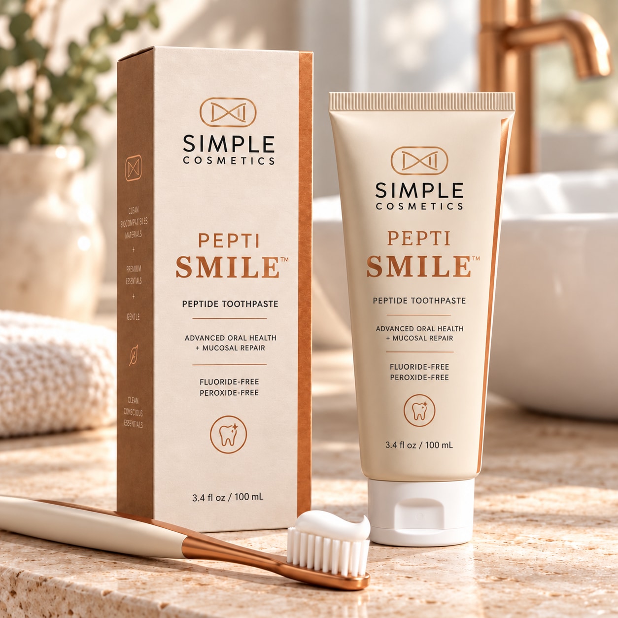 PeptiSmile Advanced Peptide Toothpaste tube and carton beside a toothbrush