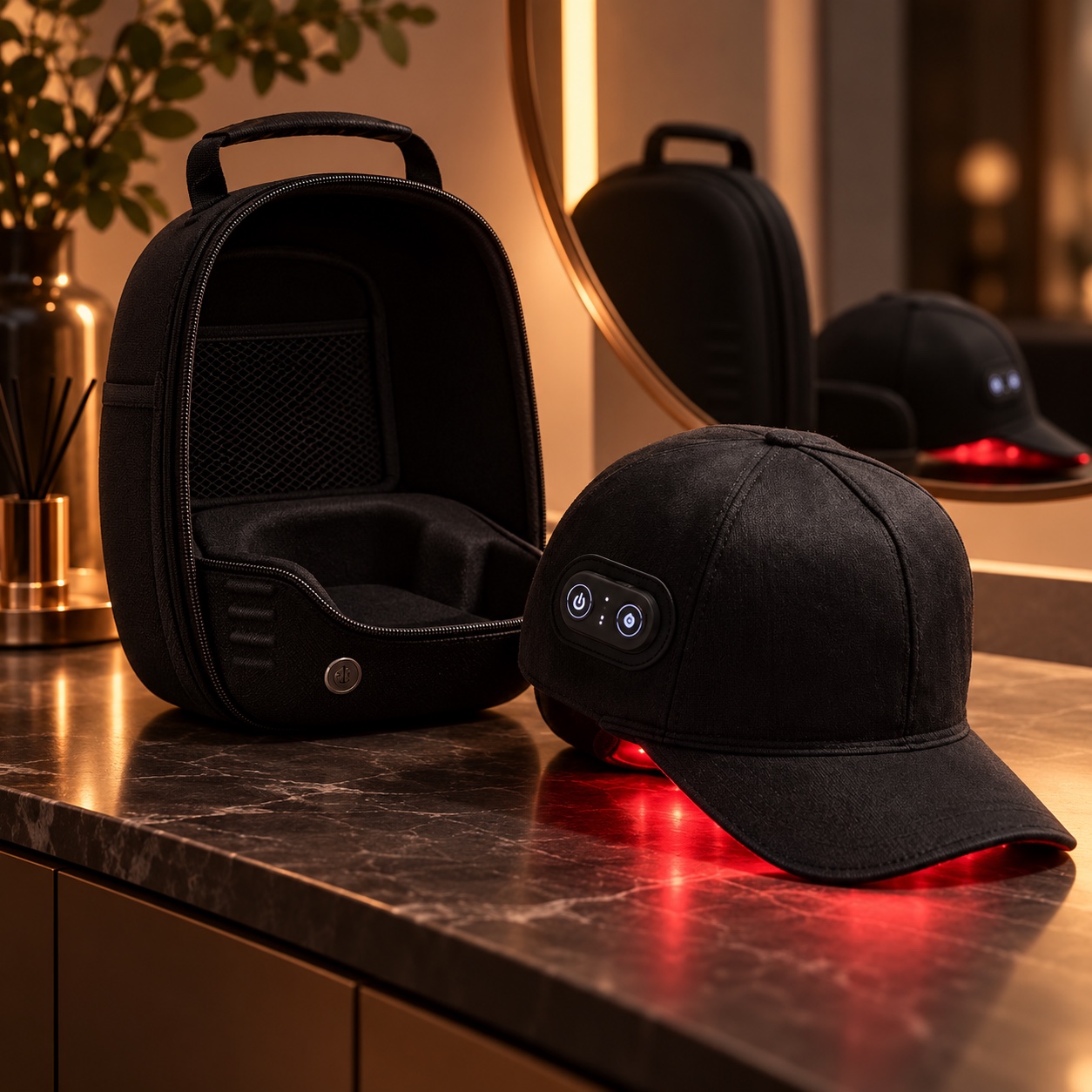 RegenOMedix Red Light Hair Cap displayed in a calm at-home setting