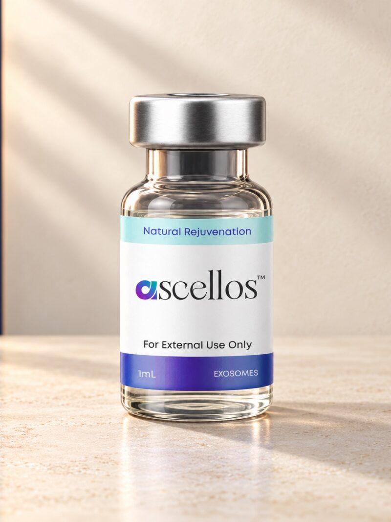 Ascellos Exosomes vial in its original packaging on warm ivory stone with a navy backdrop