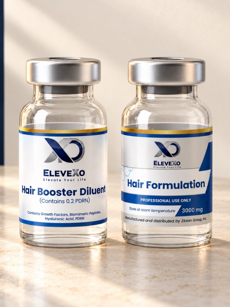 EleveXo H Hair Formulation and Hair Booster Diluent vials on warm ivory stone with a navy backdrop