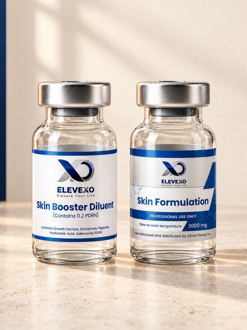 EleveXo S Skin Formulation and Skin Booster Diluent vials on warm ivory stone with a navy backdrop