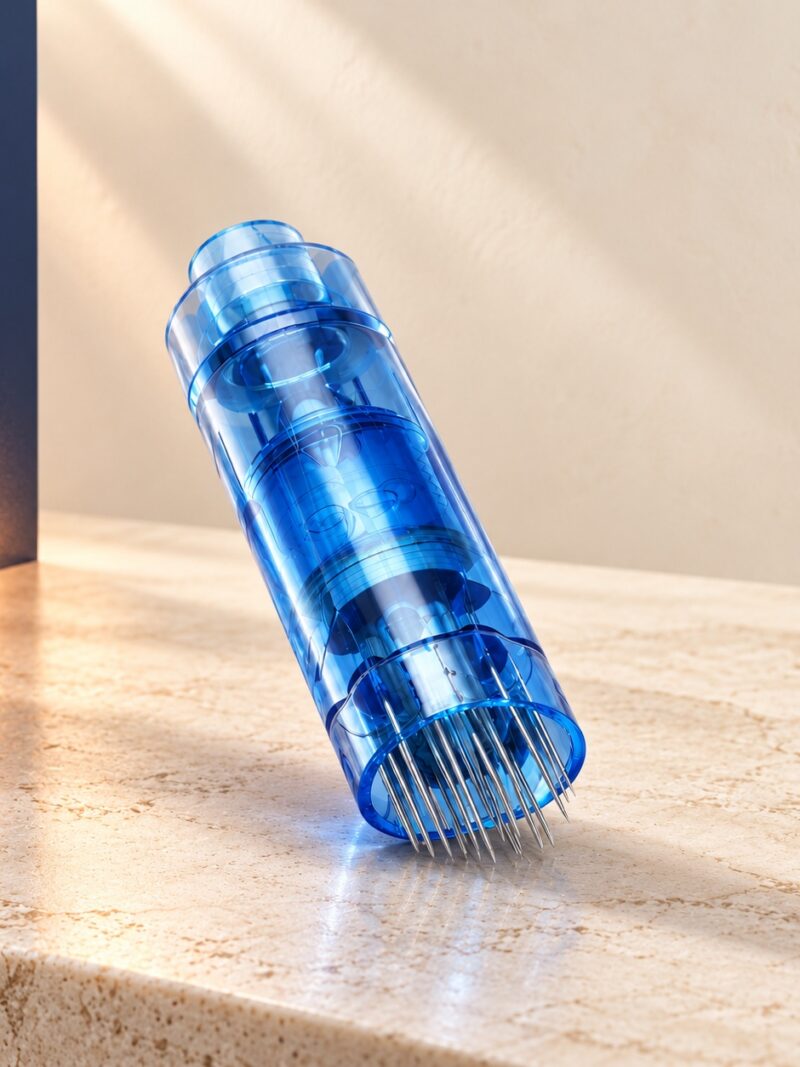 Close-up of a blue NanoPen Pro replacement cartridge on warm ivory stone with a navy backdrop
