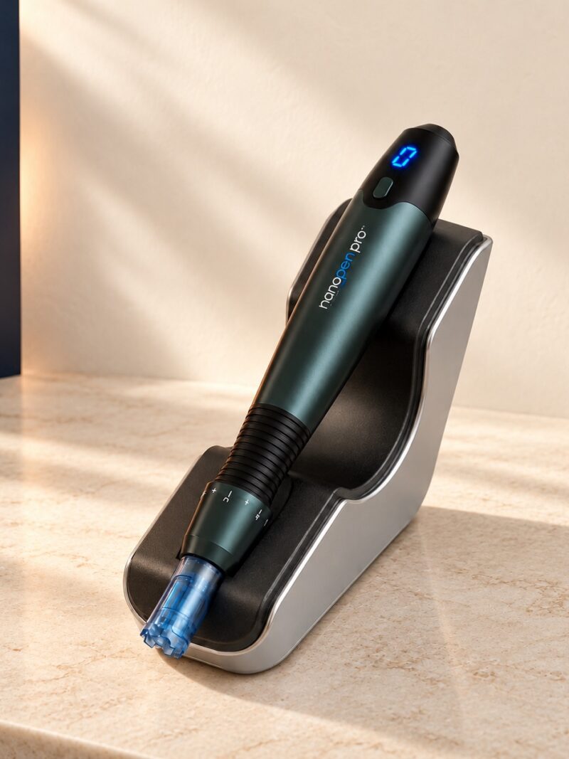 NanoPen Pro device in its cradle on warm ivory stone with a navy backdrop