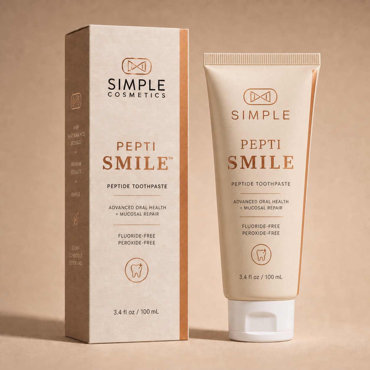 PeptiSmile peptide toothpaste in ivory, tan and copper packaging