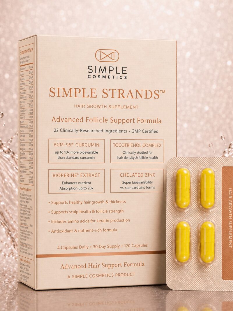 Simple Strands hair growth supplements in ivory, tan and copper packaging
