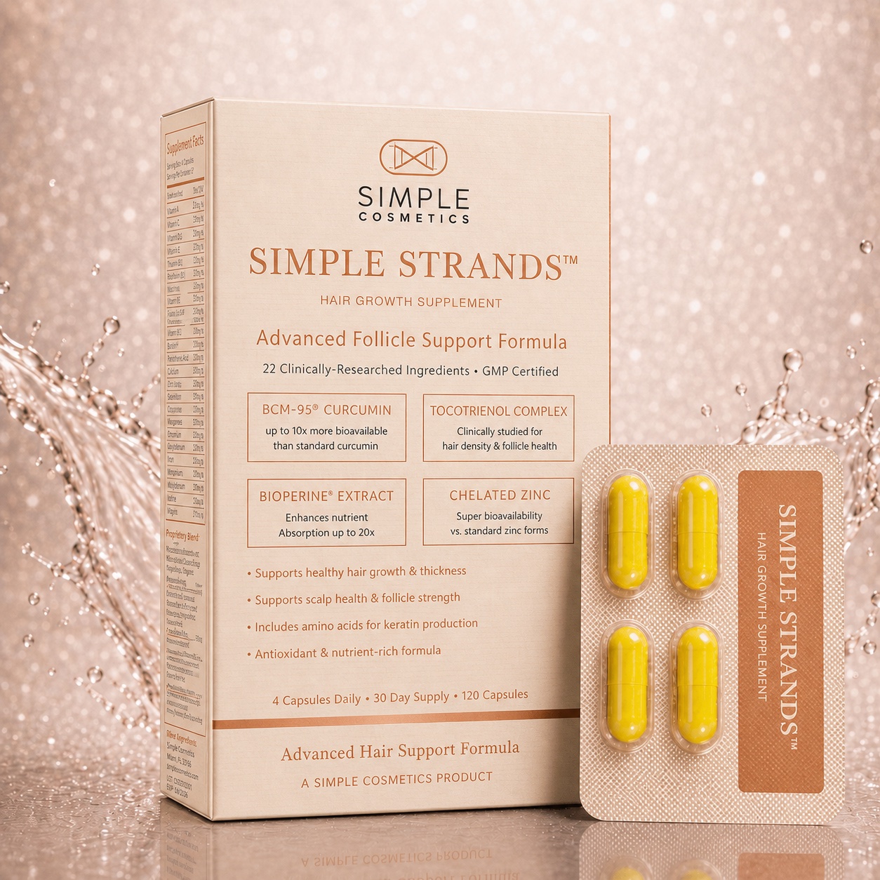 Simple Strands hair growth supplements in ivory, tan and copper packaging