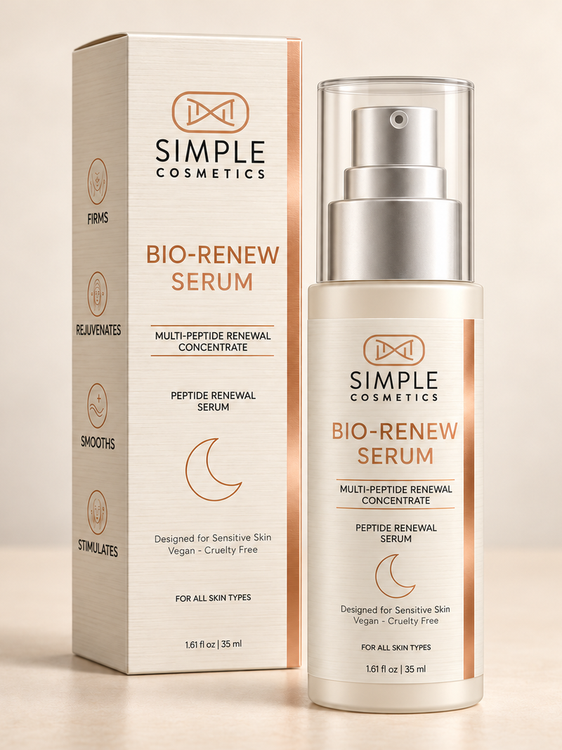 BioGlow Bio-Renew Serum packaging and carton — 3D product render