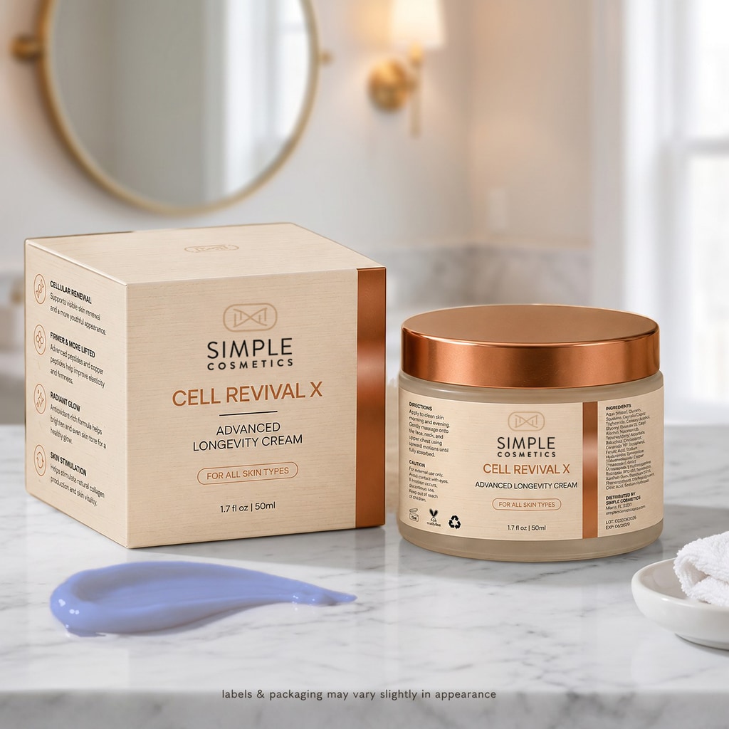 Cell Revival X Advanced Longevity Cream jar and box on marble