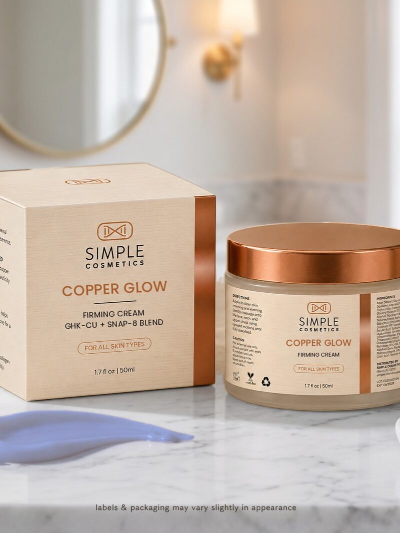 Simple Cosmetics Copper Glow Firming Cream with Copper Tripeptide-1 and SNAP-8, jar and carton on a marble vanity with lavender cream swatch