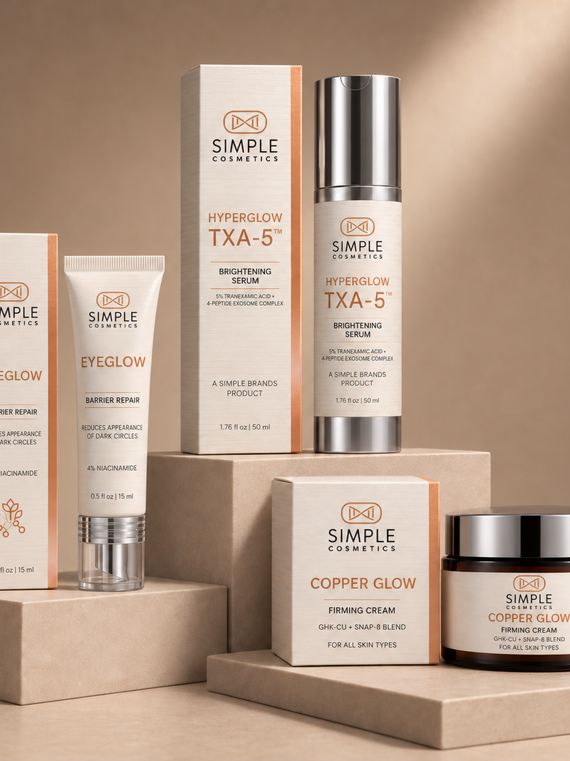 Glow Getter bundle with EyeGlow Barrier Repair, HyperGlow TXA-5 Exosome Serum, and Copper Glow Firming Cream on warm beige stone platforms.
