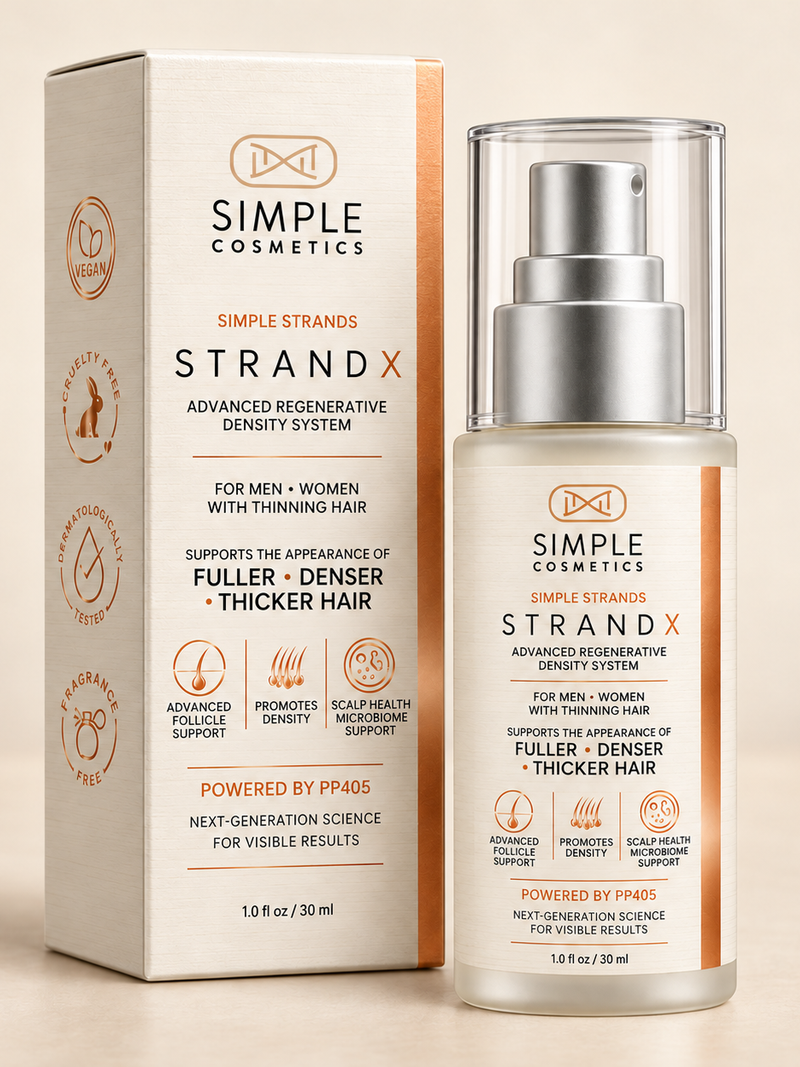 Strand X Hair Serum packaging and carton — 3D product render