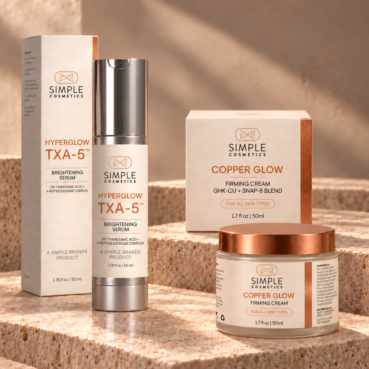 Glow Duo with HyperGlow TXA-5 Brightening Serum and Copper Glow Firming Cream on warm stone platforms, with the Copper Glow jar positioned to the right and its Simple Cosmetics logo facing forward.